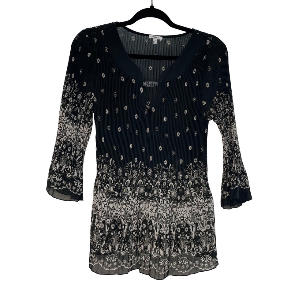Nicola Women's Black‎ Floral Print 3/4 Sleeve Sheer Blouse Top Size Small